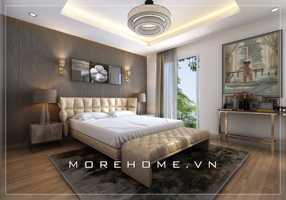 Thiết kế nội thất phòng ngủ chung cư cao cấp phong cách hiện đại, chiếc giường ngủ bọc da ấn tượng với nút chần độc đáo trở thành điểm nhấn ấn tượng cho cả không gian